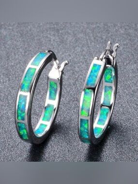 Silver Hoop Earrings with Blue-Green Opal Inlay